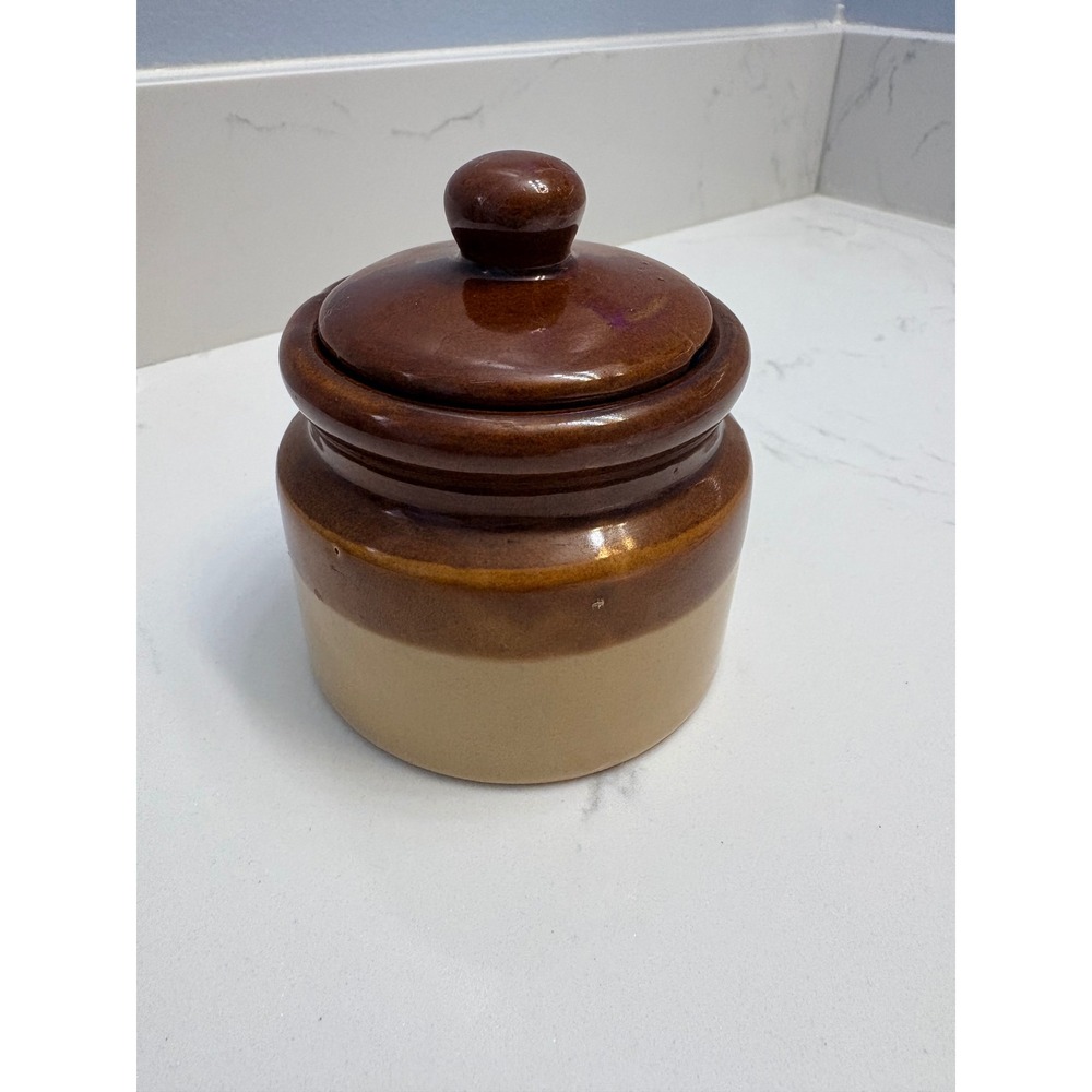 Vintage Two Tone Brown Stoneware Crock Small Glazed Ceramic Jar with Lid